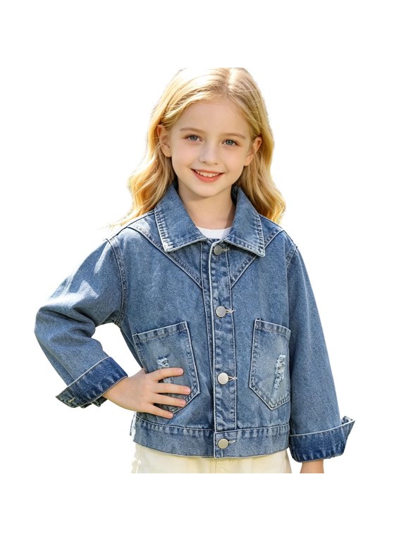 Girls Lapel Denim Jean Jacket Long Sleeve Button‑Up Casual Vintage Floral Embroidery Back Coat for Kids Blue-A