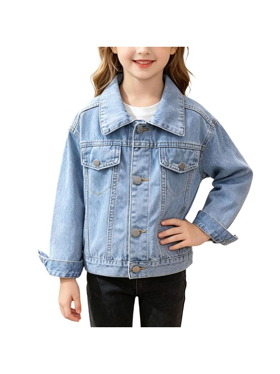 Girls Lapel Denim Jean Jacket Long Sleeve Button‑Up Casual Vintage Floral Embroidery Back Coat for Kids Blue