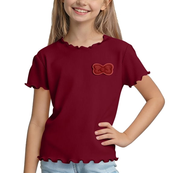 FRSASU Girls Lettuce Trim Bow Knot Short Sleeve T-Shirts Summer Ribbed Knit Crewneck Casual Tops Tee Blouse Wine