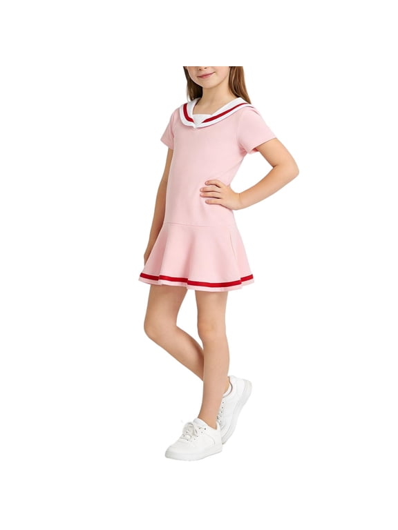 Girls Long Sleeve Cotton Dresses Sailor Collar Ruffle Hem Mini Dress Spring Casual Nautical School Uniform Dresses Pink