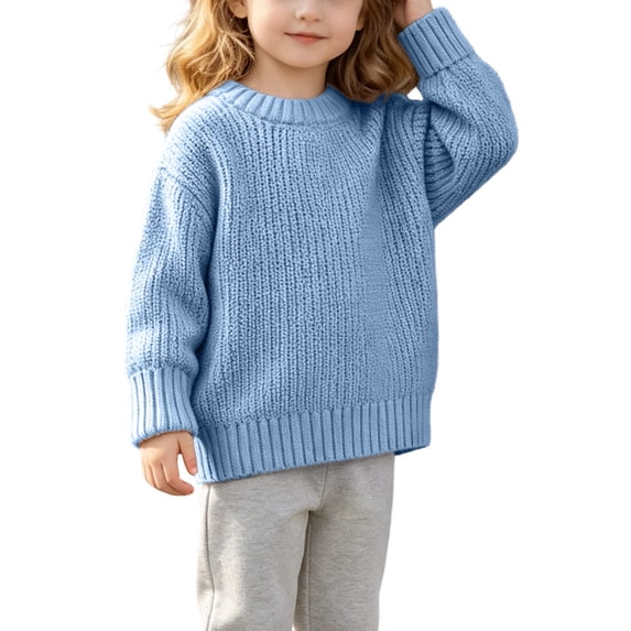 FRSASU Girls Loose Crewneck Sweaters, Kids Versatile Solid Long Sleeve Chunky Knit Pullover Sweater Tops Blue
