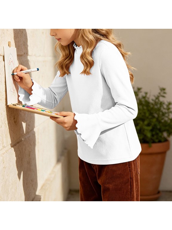Girls Mock Neck Long Sleeve Ruffle Trim T‑Shirt Solid Color Flared Cuff Casual Soft Base Layer Tops White