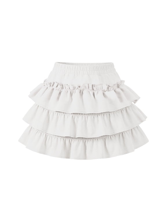 Girls Ruffle Layered Summer Mini Skirt, Elastic High Waisted Casual Stretch A-Line Skirts for 3-13 Years White