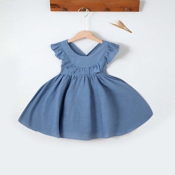 FRSASU Girls Ruffle Summer Cotton Linen Mini Dress Loose Sleeveless Swing A-Line Cute Princess Party Dresses Blue