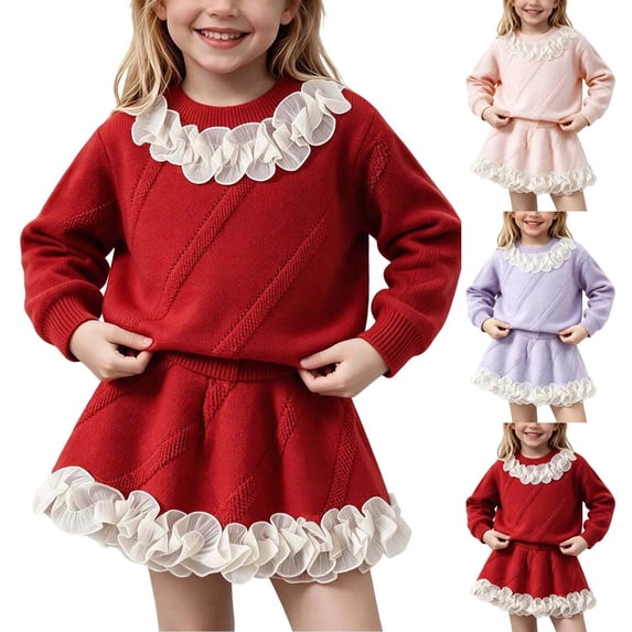 Short Ruffle Skrit FRSASU Girls Ruffle Trim Knit Sweater and Skirt Matching Set Textured ...