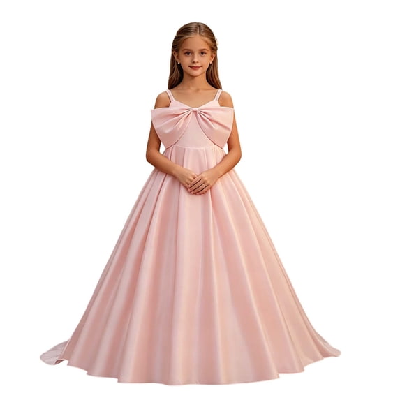 FRSASU Girls Satin Big Bow Flower Spaghetti Strap Maxi Dresses Wedding Pageant Dresses for Girls Princess Pageant formal Dress Pink