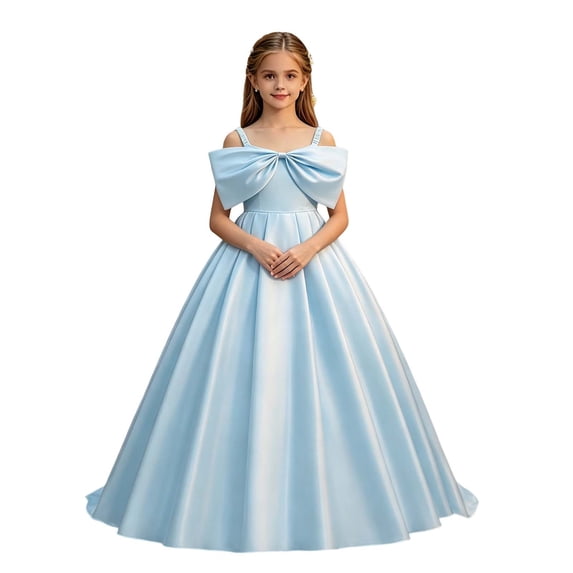 FRSASU Girls Satin Big Bow Flower Spaghetti Strap Maxi Dresses Wedding Pageant Dresses for Girls Princess Pageant formal Dress Sky Blue