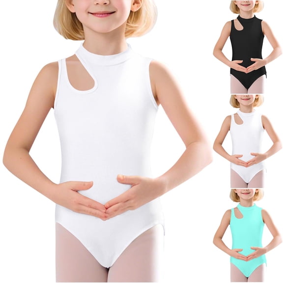 FRSASU Girls Sleeveless Leotards for Ballet Cutout Stretch Hollow Back Sleeveless Dance Uniform Bodysuits for 3-14 Years White