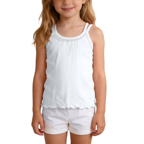 FRSASU Girls Spaghetti Strap Lace Trim Tank Tops Soft Modal Casual Sleeveless Versatile Dance Shirts for 3-13 Years White