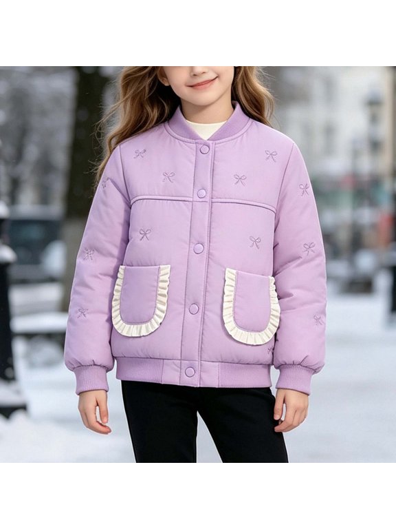 Girls Stand Collar Quilted Jacket Bow Embroidery Coat Ruffle Pocket Long Sleeve Button Up Warm Outerwear Purple