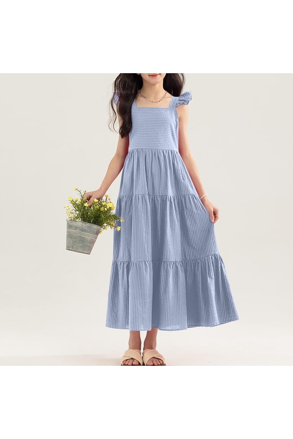 Girls Striped Maxi Dress Summer Sleeveless Square Neck Ruffle Flowy Princess Dresses for Kids 7-16 Years Blue