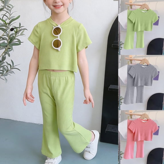 FRSASU Girls Suit Spring Summer Outfits Short Sleeve Tops and Wide Leg Pants Two PieceLong Sleeve Teens Set for Girls Pink
