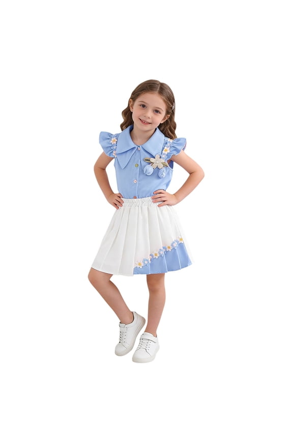 Girls Summer 2 Piece Dress Set Button Up Ruffle Sleeve Floral Shirt with Trim Pleated Skirt Set Two Piece Kids Party Outfit Blue