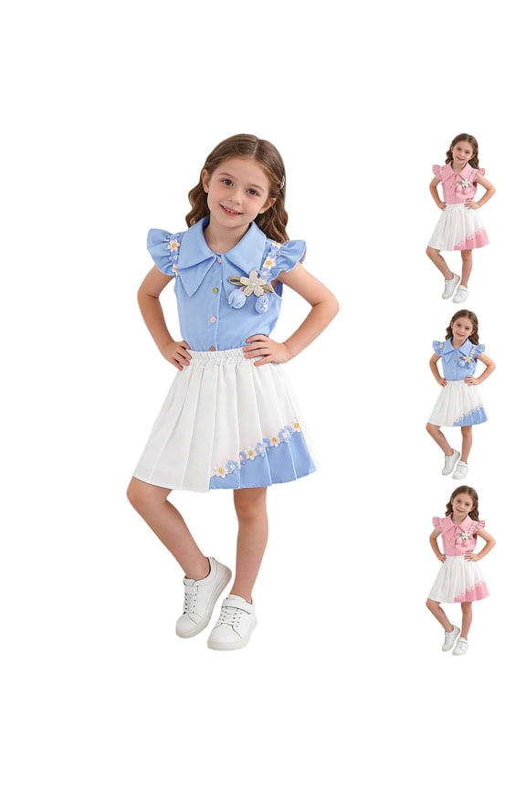 Girls Summer 2 Piece Dress Set Button Up Ruffle Sleeve Floral Shirt with Trim Pleated Skirt Set Two Piece Kids Party Outfit Pink