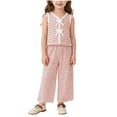 thumbnail image 1 of FRSASU Girls Summer 2 Piece Outfits BowTie Front Sleeveless Vest Tops with Wide Leg Pants Striped Knit Matching Sets Pink, 1 of 9