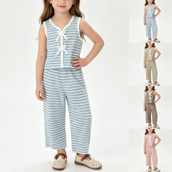 FRSASU Girls Summer 2 Piece Outfits BowTie Front Sleeveless Vest Tops with Wide Leg Pants Striped Knit Matching Sets Sky Blue