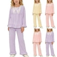 thumbnail image 1 of FRSASU Girls Summer 2 Piece Outfits Long Sleeve Loose Lace Blouse and Long Pants Matching Sets for 3-15 Years Purple, 1 of 8