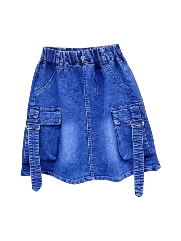 Girls Summer A-Line Denim Jean Skirts Loose High Waisted Stretchy Cargo Mini Skirt for 2-9 Years Blue-A