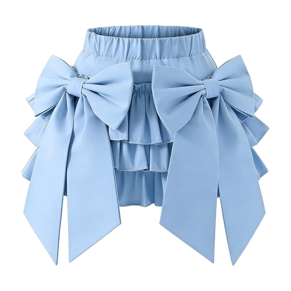 FRSASU Girls Summer Bow Tie Mini Skirt Cute Pleated High Shirred Waist Layered Ruffle Hem Short Cake Skirts Blue