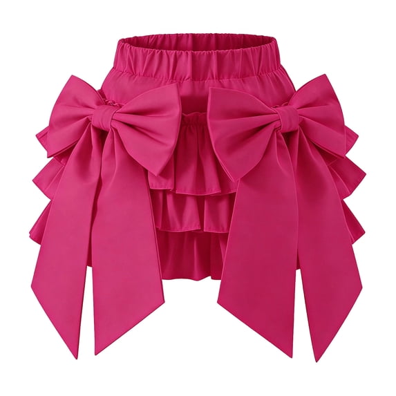 FRSASU Girls Summer Bow Tie Mini Skirt Cute Pleated High Shirred Waist Layered Ruffle Hem Short Cake Skirts Hot Pink