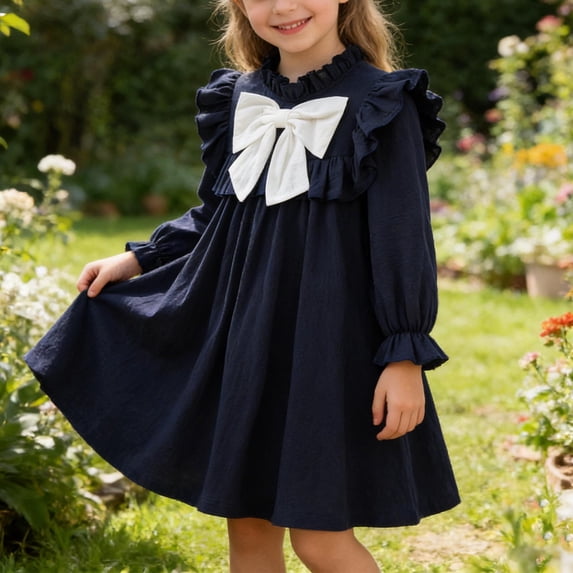 FRSASU Girls Summer Multilayer Peter Pan Collar Puff Ruffle Long Sleeve Tutu Party Preppy Long Sleeve Bow Princess Dress Blue