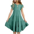thumbnail image 1 of FRSASU Girls' Summer New Short Sleeve Ruffled Pockets Round-Neck Solid Dress Green 12-13 Years, 1 of 7