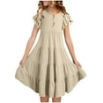 thumbnail image 1 of FRSASU Girls' Summer New Short Sleeve Ruffled Pockets Round-Neck Solid Dress Khaki 14-15 Years, 1 of 7
