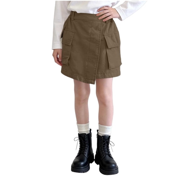 FRSASU Girls Summer Wrap Cargo Mini Skirts, Casual Elastic High Waisted Cute A-Line Skirts with Multi Pockets for 1-15 Years Army Green