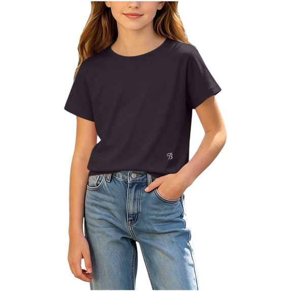 FRSASU Girls T Shirts 100% Cotton Short Sleeve Tops Kids Summer Casual Crewneck Basic Tees 3-15 Years Black