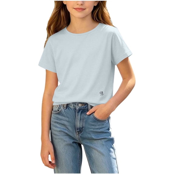 FRSASU Girls T Shirts 100% Cotton Short Sleeve Tops Kids Summer Casual Crewneck Basic Tees 3-15 Years Blue