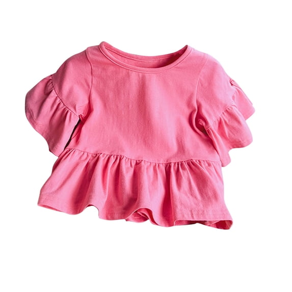 FRSASU Girls T Shirts Ruffle Short Sleeve Round Neck Loose Blouse Summer Solid Color Casual Girl Tee Tops Hot Pink 5-6 Years