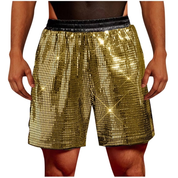 FRSASU Glossy Shiny Plaid Sequins Shorts for Men,Nightclub Metallic Disco Party Pants,Steampunk Mens Summer Short Gold