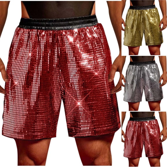 FRSASU Glossy Shiny Plaid Sequins Shorts for Men,Nightclub Metallic Disco Party Pants,Steampunk Mens Summer Short Silver