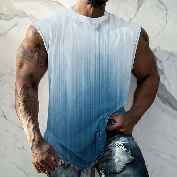 FRSASU Gradient Print Tank Tops for Men Crewneck Gym Muscle Beach Sleeveless Shirts Fashion Summer Basic Clothes Outfits Blue