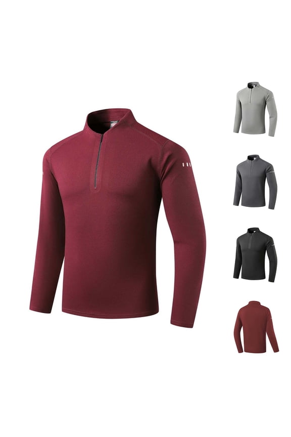 Half Zip Golf Pullover Men High Elasticity Long Sleeve Mock Neck Pullover Mens Sports Running Warm Fitness Pullover Sweatshirt Wine