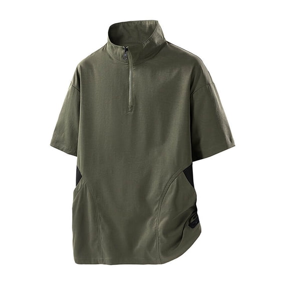 FRSASU Half Zip High Neck Fishing Shirt Windproof Water Resistant Wind Rain Shirts for Men Short Sleeve Golf Shirt Pullover Army Green