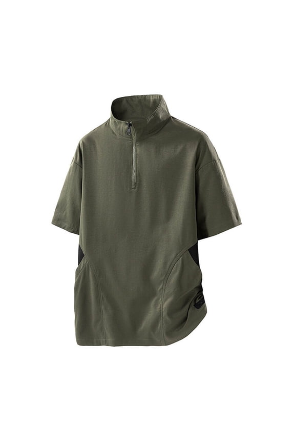 Half Zip High Neck Fishing Shirt Windproof Water Resistant Wind Rain Shirts for Men Short Sleeve Golf Shirt Pullover Army Green
