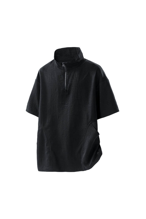 Half Zip High Neck Fishing Shirt Windproof Water Resistant Wind Rain Shirts for Men Short Sleeve Golf Shirt Pullover Black