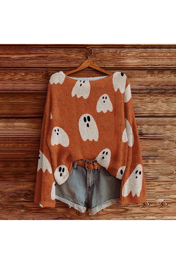 Halloween Sweaters for Women Boho Vintage Spooky Season Ghost Sweatshirt Graphic Print Long Sleeve Knit Pullover Tops Orange