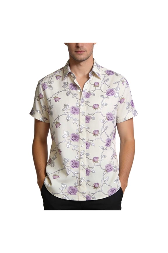 Hawaiian Shirt for Men Short Sleeves Tropical Valentine's Day Printed Casual Button Down Summer Beach Floral Rose Graphics Dress Shirts for Couples White