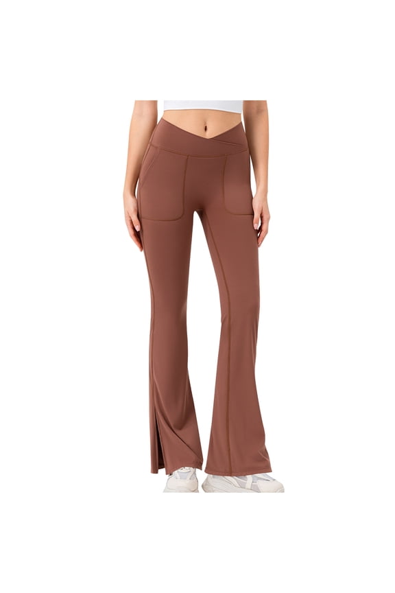 High Waisted Bell Bottom Jeans for Women Flare Stretchy Pull on Wide Leg Jean Woman V Cross Flare Leggings Pants Brown