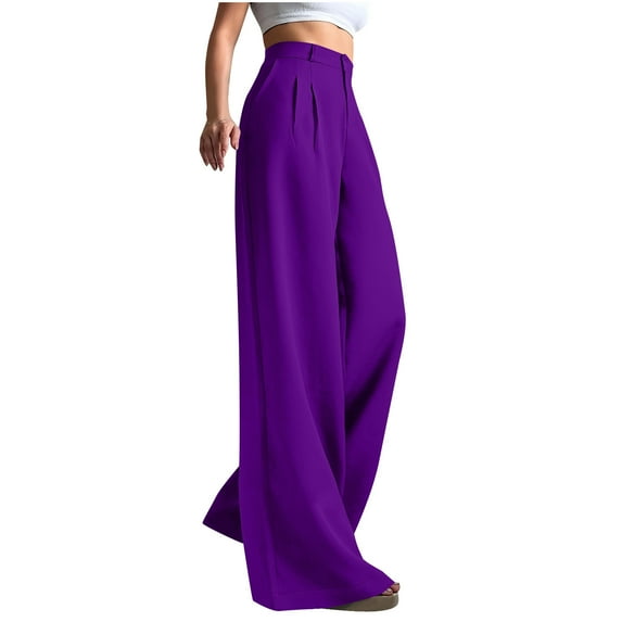 FRSASU High Waisted Work Pants for Women Solid Color Casual Business Straight Leg office Dress Pants Trousers with Pockets Purple