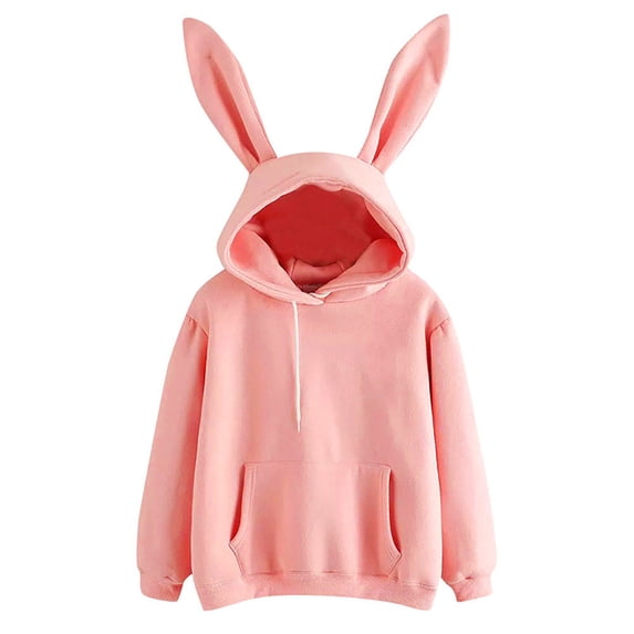 FRSASU Hoodie Womens Cute Rabbit Ear Long Sleeve Hoodie Solid Color Pocket Girl Pullover Sweatshirt Pink