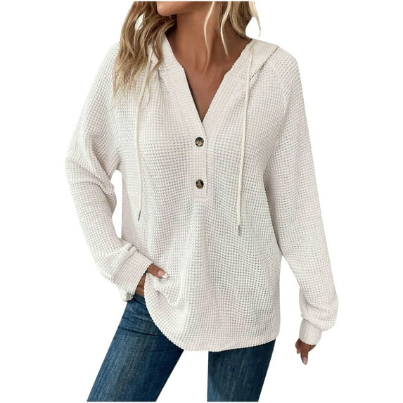 FRSASU Hoodies for Women Waffle Solid Long Sleeve Drawstring Button V Neck Casual Pullover Sweatshirt Hooded Tops White L(L)