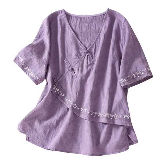 FRSASU Imitation Cotton Linen Shirts for Women Retro Embroidered Boho Tops Short Sleeve Dressy Casual Blouses Loose Gauze Tunics Tops Purple