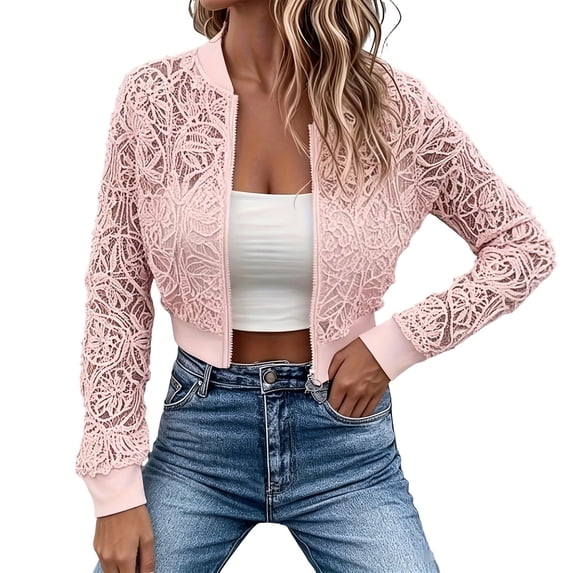 FRSASU Jackets for Women Summer Cropped Lace See Through Jacket Long Sleeve Zip Up Lightweight Fall Outwear Coats Pink