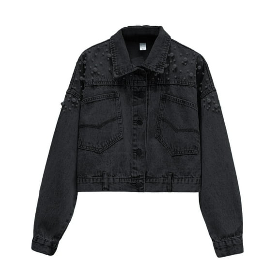 FRSASU Jean Jacket Women Trendy Embellished Button Down Vintage Western Trucker Jacket Long Sleeve Coat Black