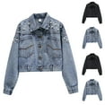 thumbnail image 1 of FRSASU Jean Jacket Women Trendy Embellished Button Down Vintage Western Trucker Jacket Long Sleeve Coat Blue, 1 of 9