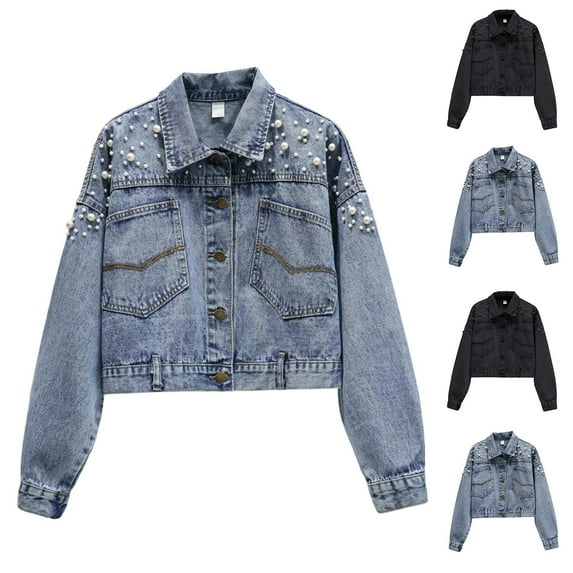 FRSASU Jean Jacket Women Trendy Embellished Button Down Vintage Western Trucker Jacket Long Sleeve Coat Blue