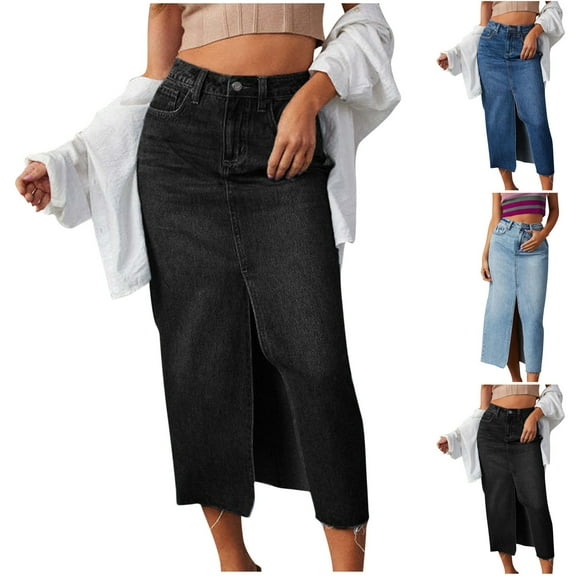 FRSASU Jean Skirts for Women Denim Trendy Casual A Line High Waisted Front Below Knee Skirt with Slit Light Blue 10(XL)